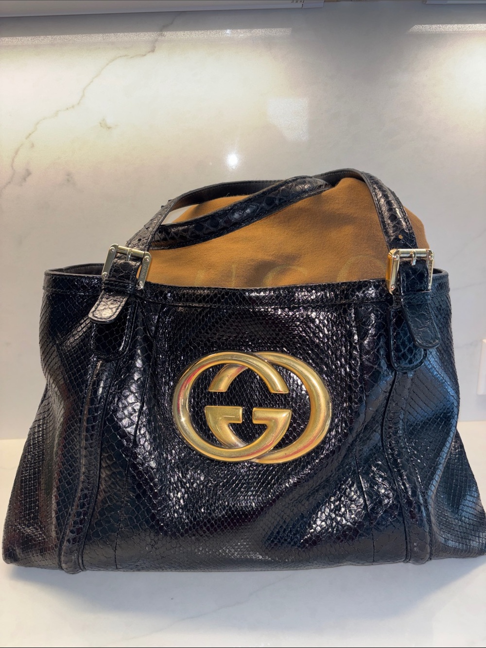 Gucci Britt Black Snakeskin Bag with Gold Logo